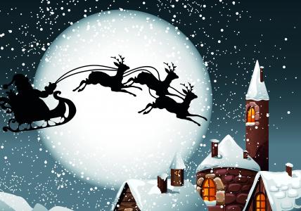 雪撬，礼物，鹿，月亮，雪，圣诞老人，屋顶
