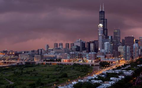 家，芝加哥，风暴，光，道路，城市，云，建筑物，天空