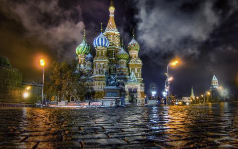 城市壁纸，莫斯科，大教堂，晚上，雨后。