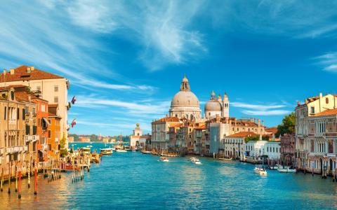 威尼斯，吊船，威尼斯，建筑，城市，海，大教堂，船，运河，建筑物，意大利，云，大运河