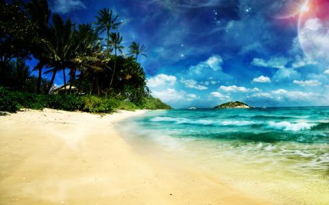 海滩，热带，艺术，okena，天空，手掌，嗡嗡声
