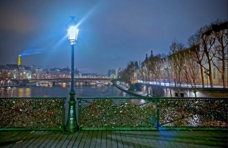 巴黎，桥，河，灯笼，路堤，灯，照明，美容
