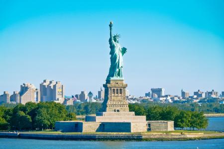 纽约市，曼哈顿，自由女神像，城市，天际线，蓝色，天空，纽约，自由女神像