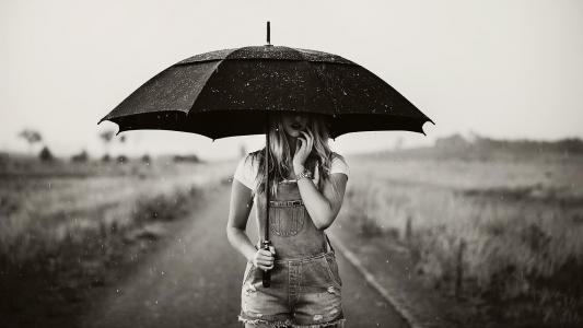 自然，黑色和白色背景，女孩，伞，雨