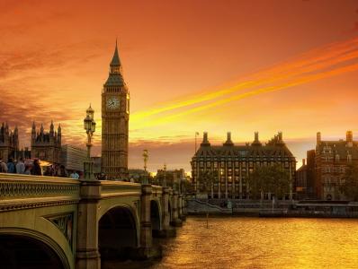 英格兰，伦敦，河，桥，时钟，建筑物，日落，美女，码头