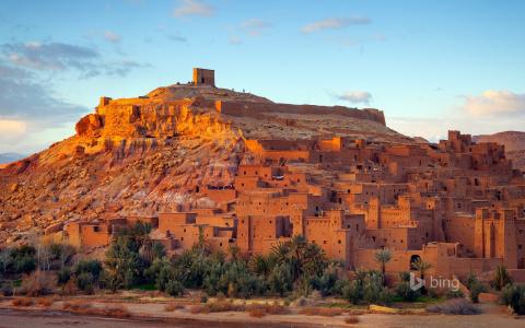 Ait本Haddou，摩洛哥，阿特拉斯山脉，ksar，天空，山丘，房屋