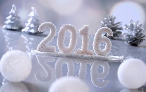新的一年，题词，2016年，明亮的背景，球，枞树，视锥细胞，精美
