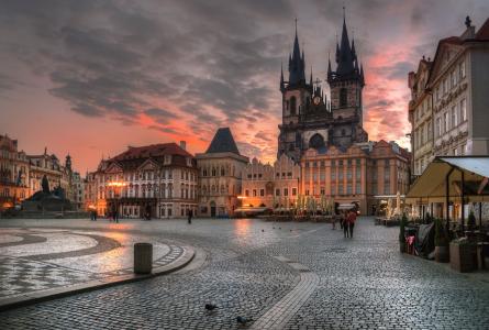广场，市政厅，房子，早上，布拉格