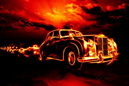经典，汽车，云，火，火焰，恐怖，红色的天空，地狱，城市
