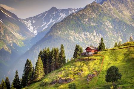 瑞士，山，景观，阿尔卑斯山，自然，房子和舒适