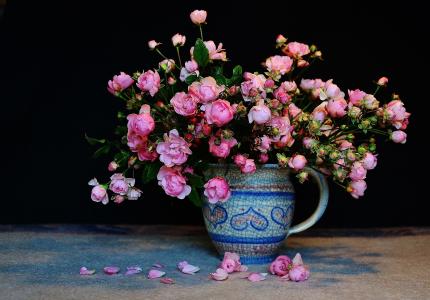 玫瑰，静物，水罐，鲜花，黑暗的背景