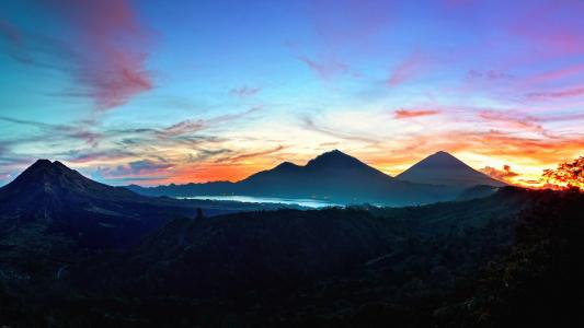 山，天空，巴厘岛，日出，金塔马尼，印度尼西亚