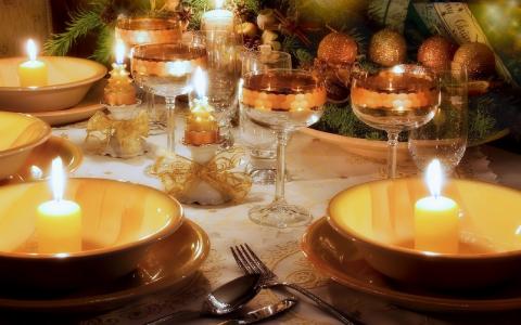 新的一年，枞树，假期，圣诞节，蜡烛，香槟