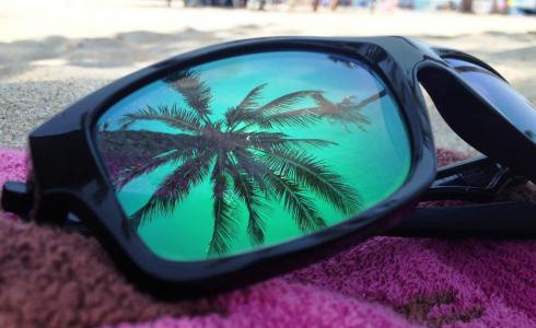 太阳镜，毛巾，棕榈树在倒影，海滩