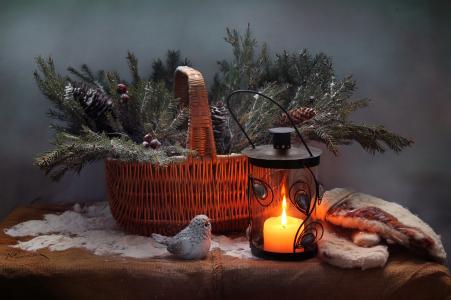 织物，篮子，灯笼，新年，蜡烛，麻袋，分支，鸟，圣诞树，圣诞节，视锥细胞，雕像，手套，假日