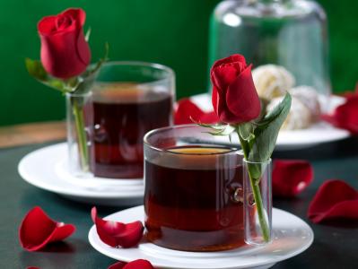 玫瑰，茶，好，喝，优雅，浪漫，温柔，花瓣，爱，玫瑰，杯子，蛋糕，和谐