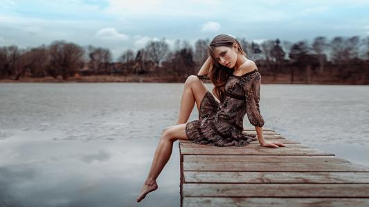 乔治Chernyadiev，摄影师，女孩，黑发，模型，裙子，性质，腿，湖，池塘，池塘，看