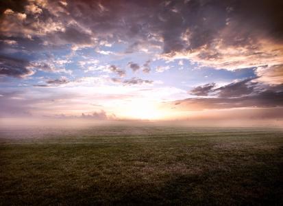 天空，草地，云，起雾，性质，早上