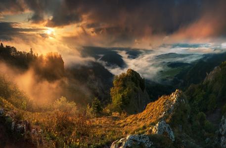 早晨，雾，山，天空，Pieniny，波兰，Karol Nienartowicz