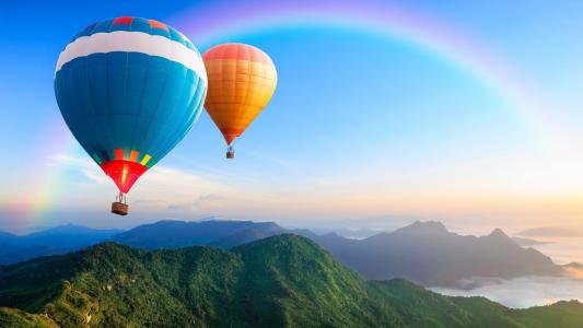 气球，飞行，山，彩虹
