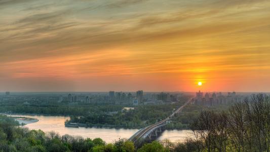 基辅，日出，基辅，第聂伯河，河，树木，夏天，春天视图