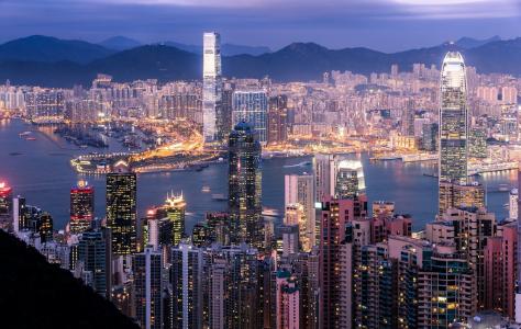 中国，香港，夜晚，城市，灯光，摩天大楼，照明，美容，山，天空，湾