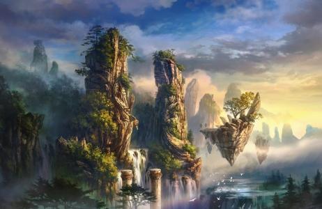 风景，山，岩，雾，柱，鸟，瀑布，艺术