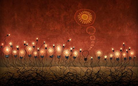 想法，光，太阳，根，红色背景，灯泡，异议，灭绝