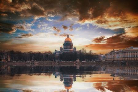 圣彼得堡，城市，景观，秋季，河，反思，米哈伊洛夫安德烈