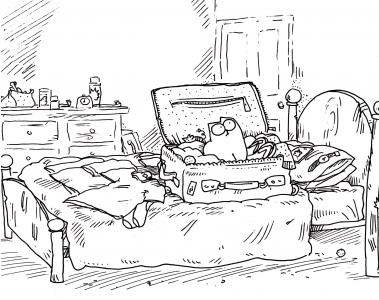 枕头，门，时钟，西蒙，手提箱，猫，床