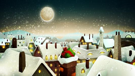 冬天，城市，房子，窗口，雪，礼物，月亮