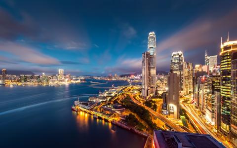 香港，晚上，天空，湾，灯，建筑，摩天大楼