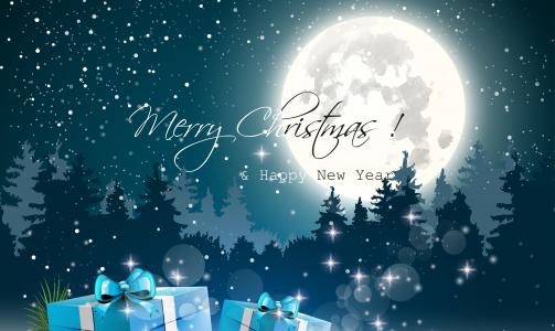新年快乐，圣诞快乐，圣诞树，满月，礼品盒，雪，艺术，新年快乐，圣诞快乐，新年树，满月，礼品盒，雪，艺术