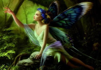 森林，蝴蝶，坐在，童话，手，石，翅膀，女孩