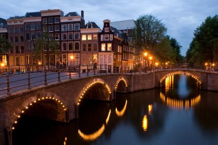 荷兰，keizersgracht，reguliersgracht，查看，黄昏，阿姆斯特丹，角落