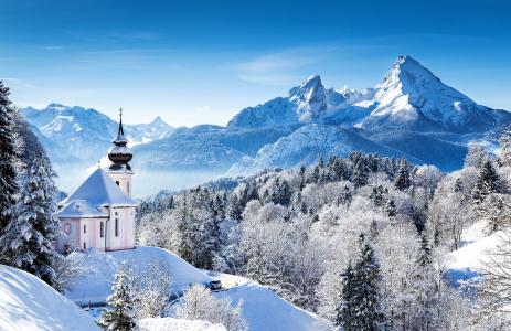 德国，冬天，山，森林，寺，巴伐利亚，阿尔卑斯山，雪，性质