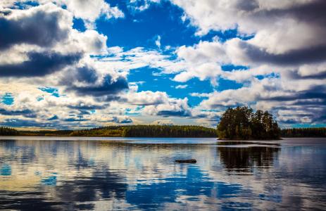 芬兰，湖，天空，Kullaa，云，性质