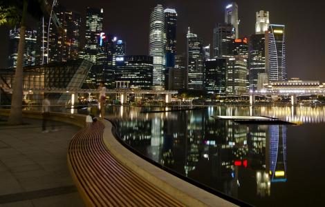 新加坡，城市，夜晚，路堤，摩天大楼，灯光，照明，水，反射，美女