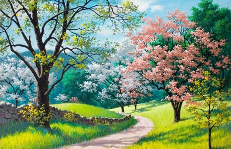 绘画，艺术，工作，春天，山，美丽，森林，路径，开花，性质