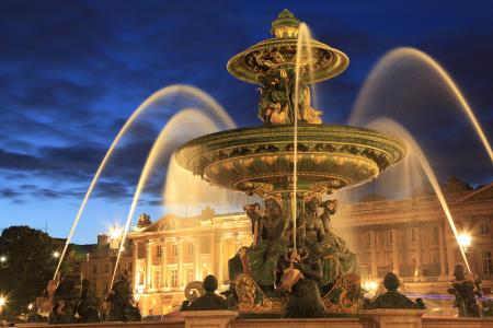 法国，喷泉，协和广场，巴黎，夜，灯，灯，建筑