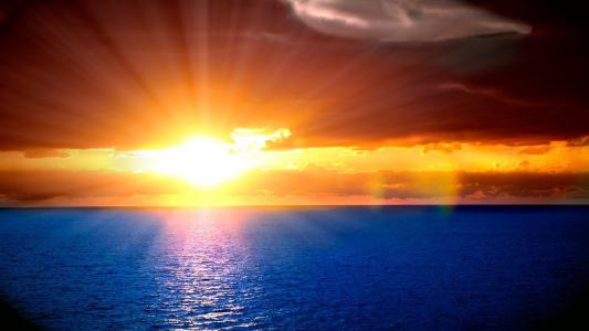 太阳，光线，天空，地平线，橙色，日落，光，波纹，海
