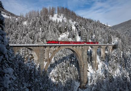 瑞士，阿尔卑斯山，冬季，森林，村，桥，电力机车，火车，乘客，红色，火车