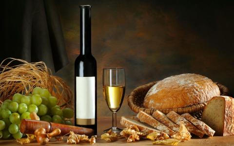叶子，葡萄，面包，瓶，酒，白，玻璃