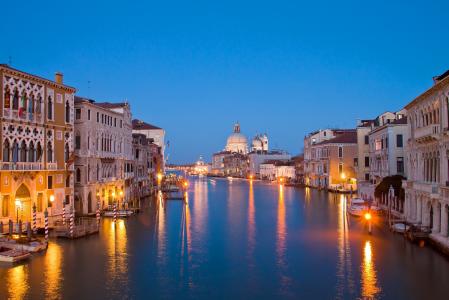 通道，房屋，晚上，威尼斯，灯，意大利
