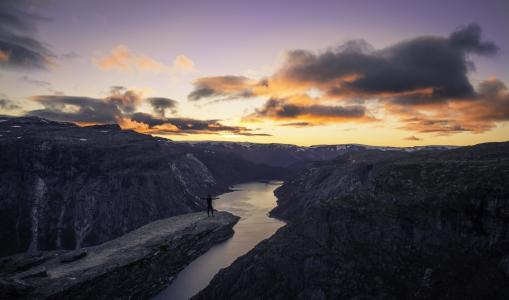 挪威，山，日落，岩​​石，美丽