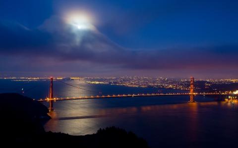 旧金山，金门，桥，水，城市，光，晚上
