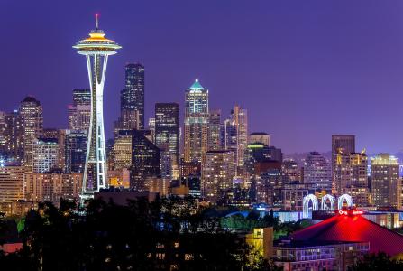 城市，美国，空间针，灯，紫罗兰色，华盛顿，天空，西雅图，夜