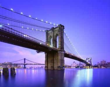 美国，蓝色小时，纽约，暮光之城，纽约，美国，布鲁克林大桥，纽约