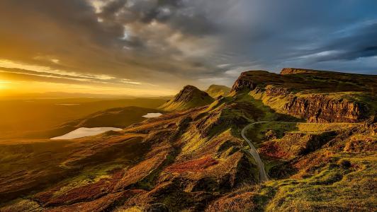 苏格兰，景观，如诗如画，山，丘陵，日落，天空，云，性质
