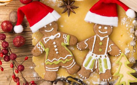 圣诞快乐，新年，圣诞树，帽子食品，姜饼，饼干，樱桃，圣诞快乐，新年，圣诞树，帽子食品，姜饼，饼干，樱桃